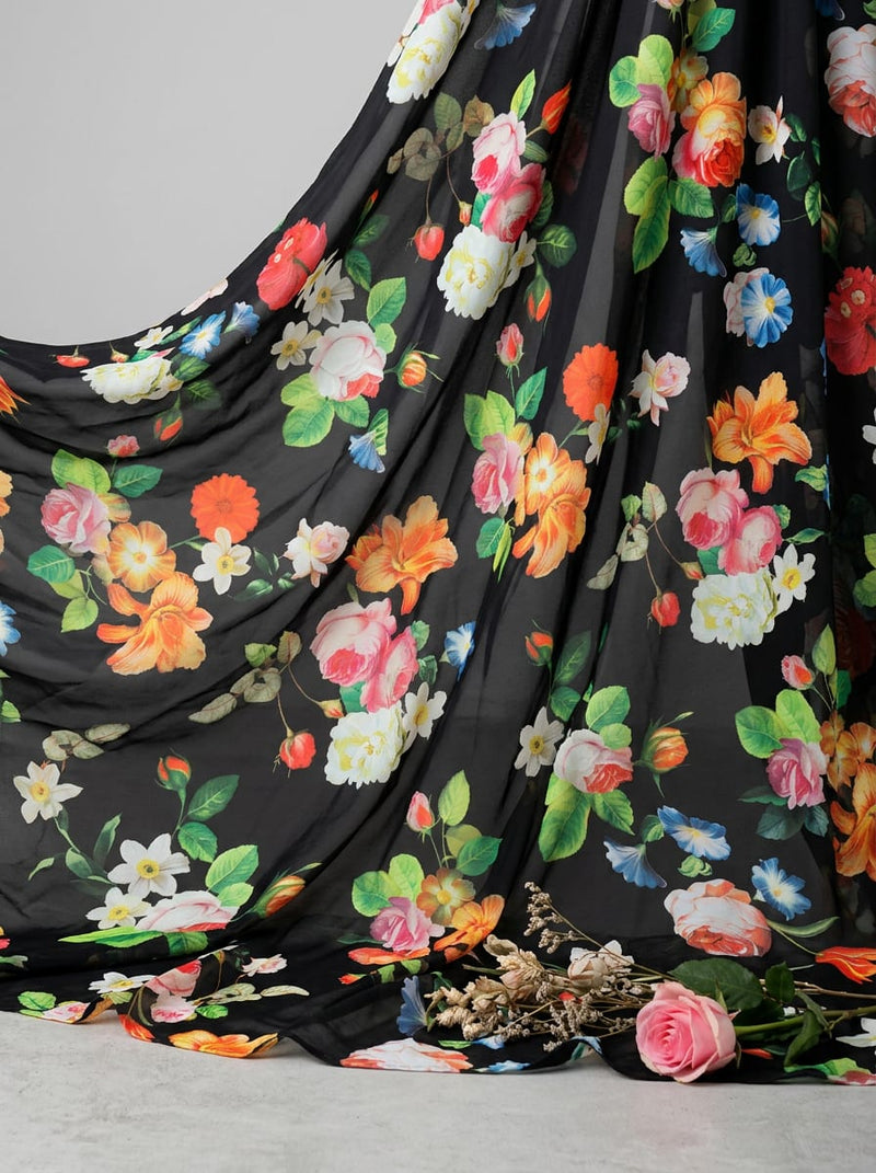 Black Vibrant Botanical Floral Weightless Digital Printed Fabric