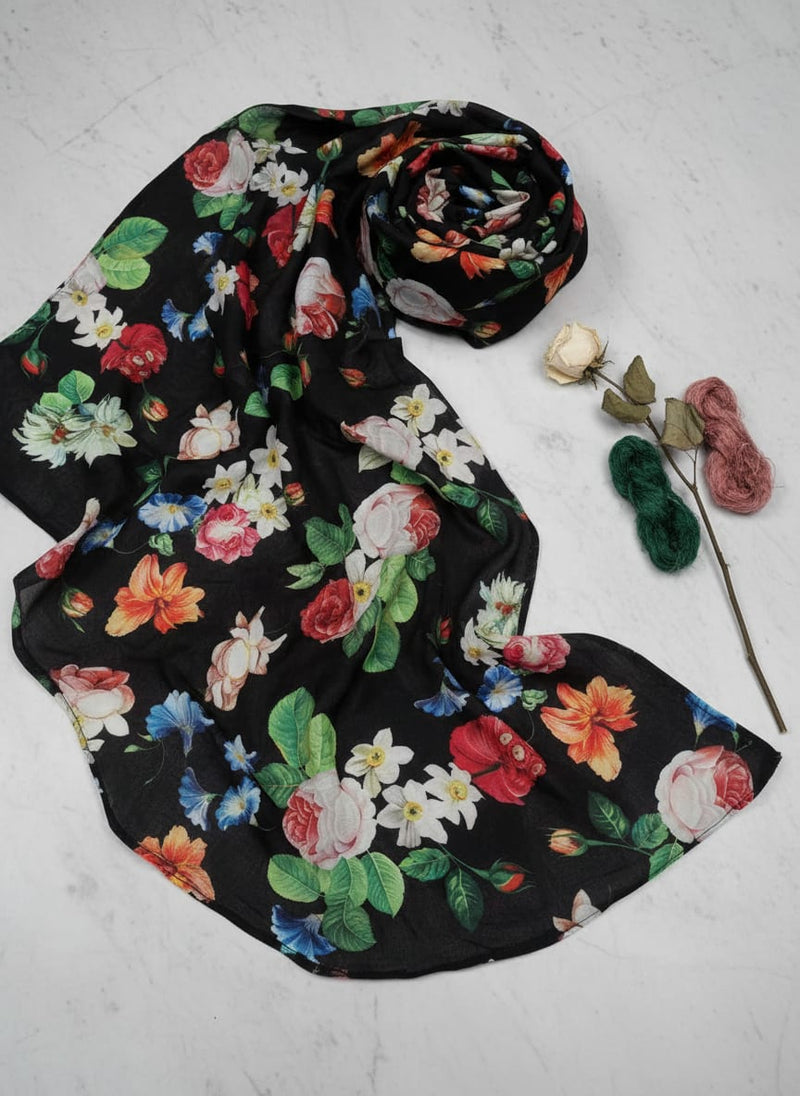 Black Vibrant Botanical Floral Garden Muslin Digital Printed Fabric