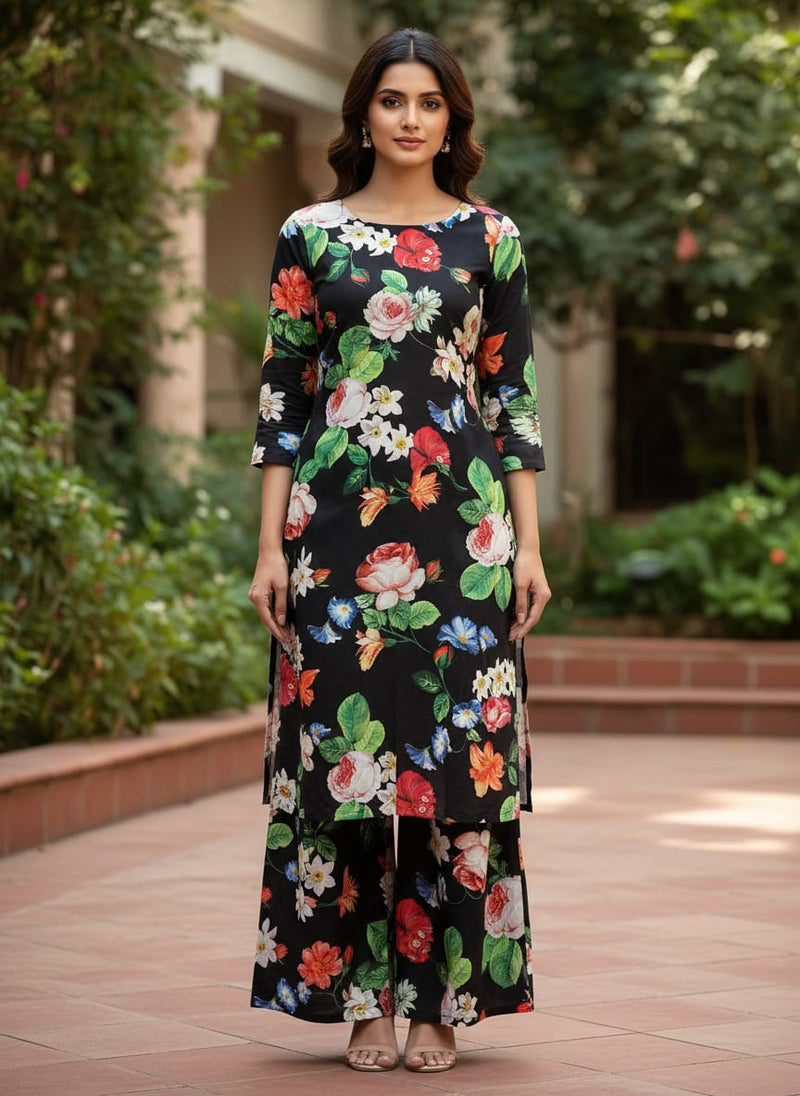 Black Vibrant Botanical Floral Garden Muslin Digital Printed Fabric