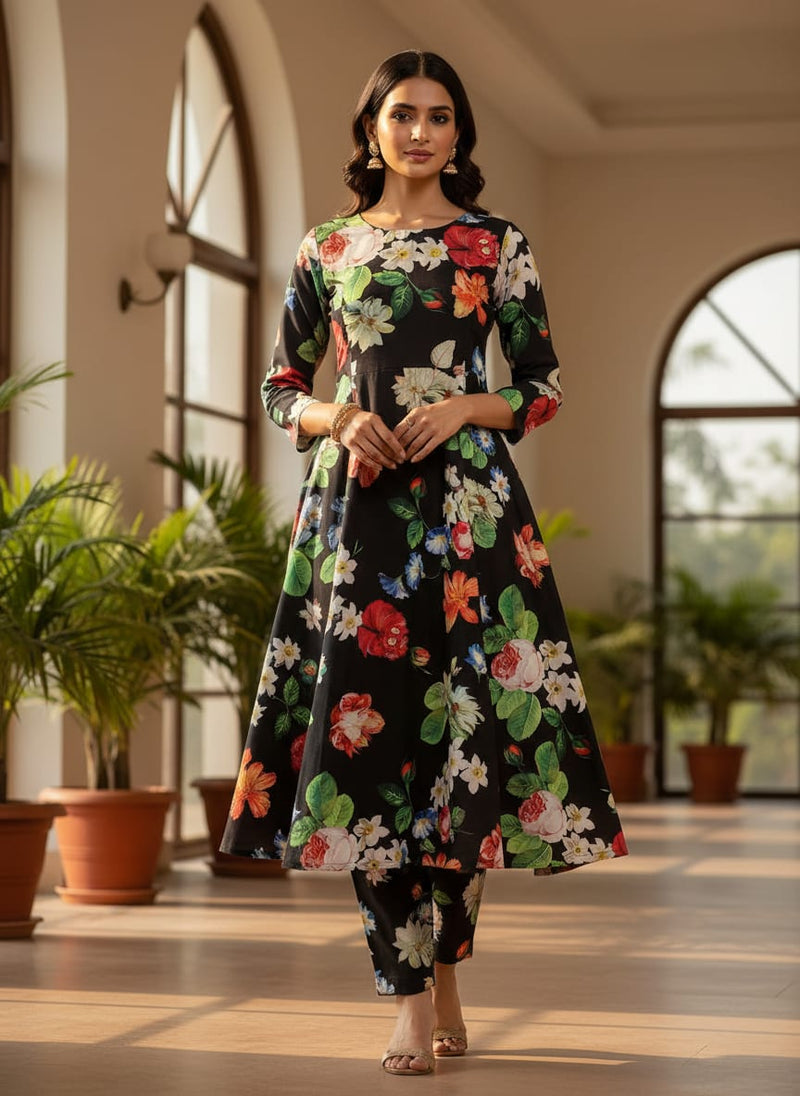 Black Vibrant Botanical Floral Garden Muslin Digital Printed Fabric