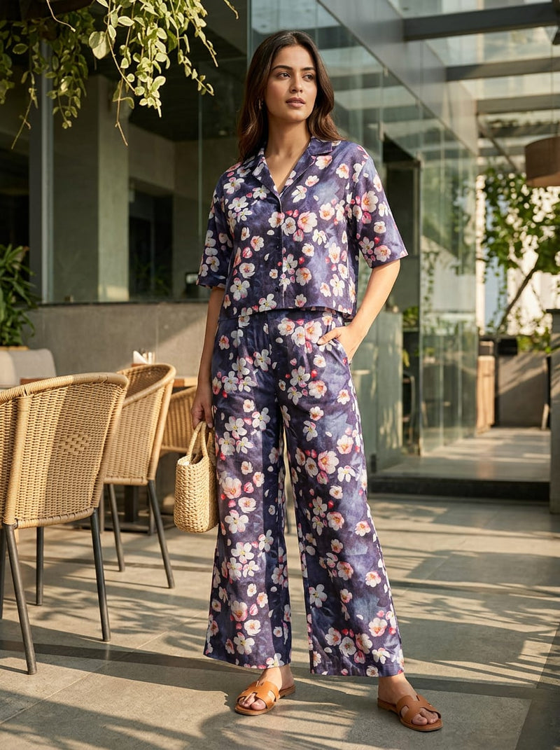 Navy White Blossom Floral Pure Cotton Digital Printed Fabric