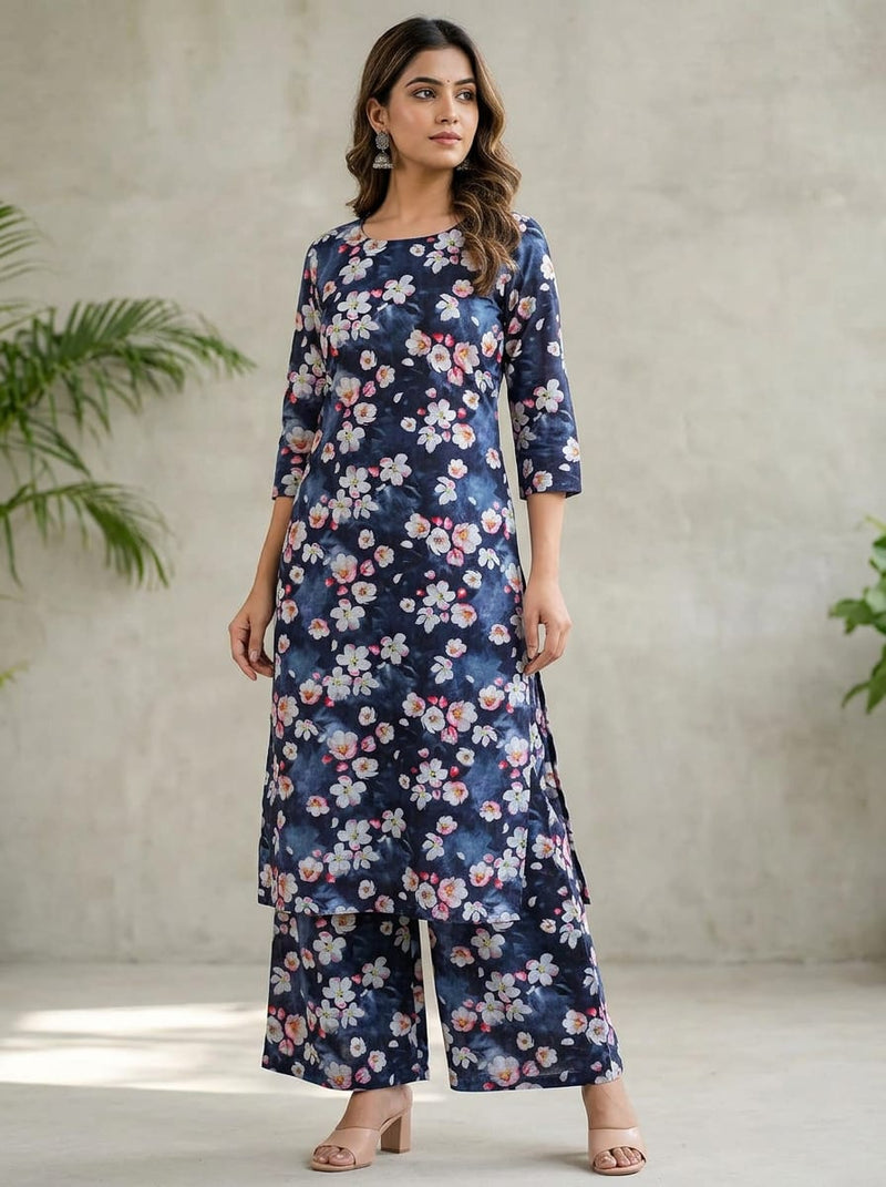 Navy White Blossom Floral Pure Cotton Digital Printed Fabric