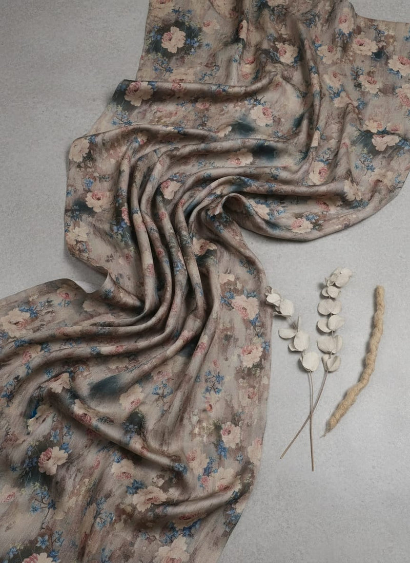 Oil Painted Cool Tiny Magnolia Digital Printed Fabric - Tusser Silk