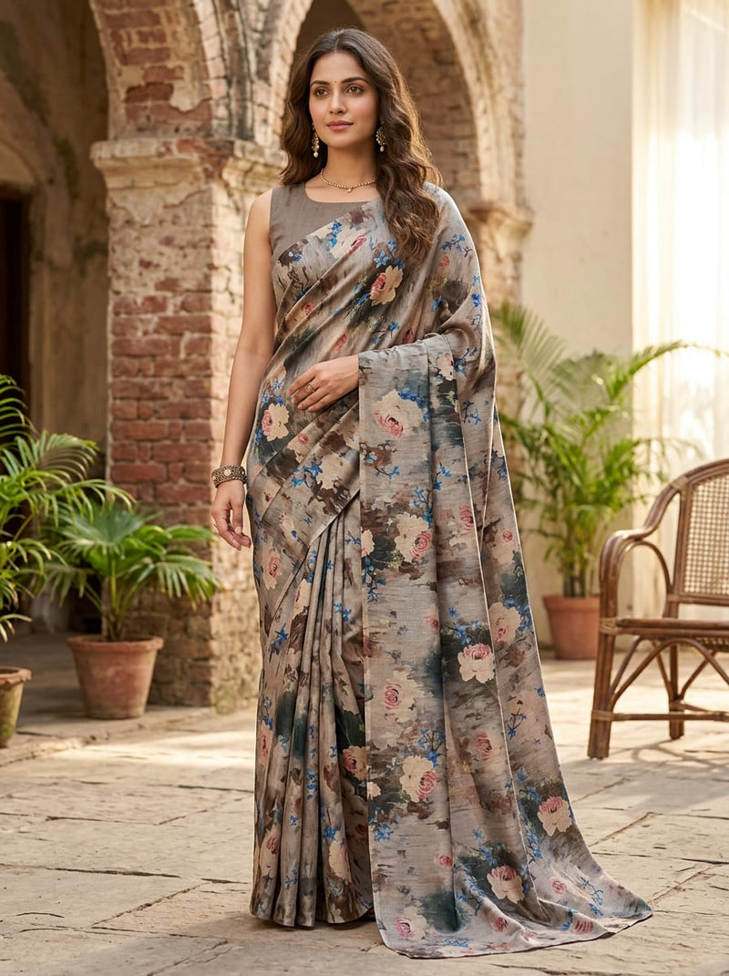 Multicolor Vintage Rose Floral Tusser Silk Digital Printed Fabric