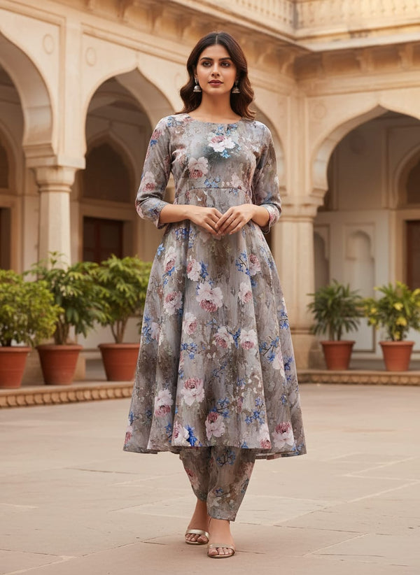 Multicolor Vintage Floral on Abstract Texture Muslin Digital Printed Fabric - A-Line Kurta with Salwar Lookbook - MU-0-TA08309-110 - alternate view
