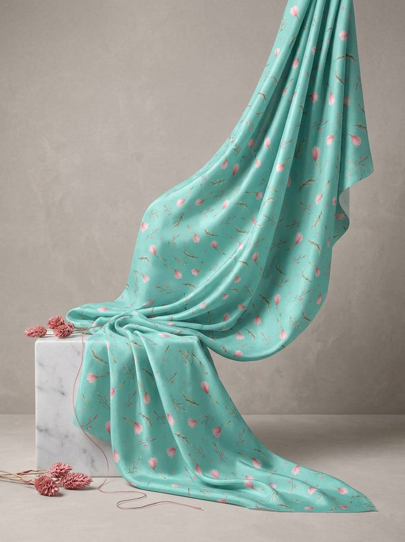 Teal Ditsy Watercolour Tulip Floral Weightless Digital Printed Fabric