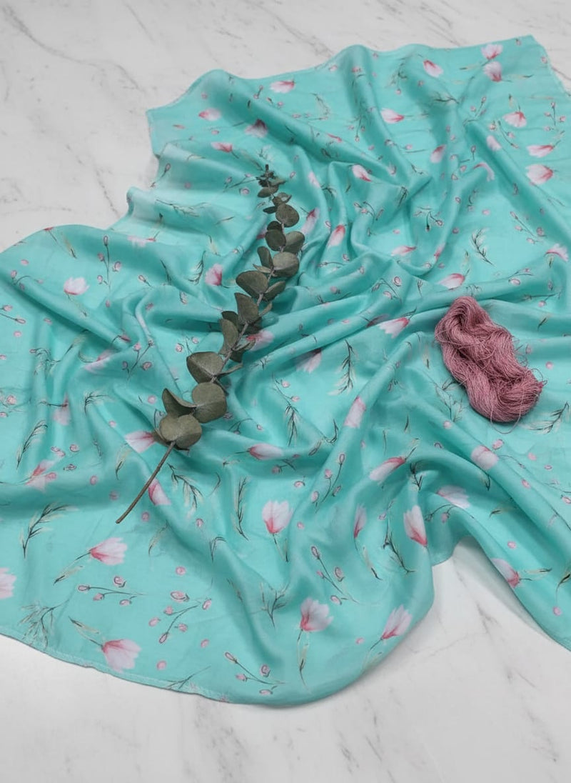 Teal Dainty Pink Floral Bud Print Muslin Digital Printed Fabric