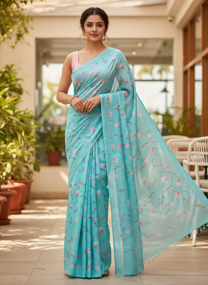 Teal Dainty Floral Botanical Print Silk Crepe Digital Printed Fabric