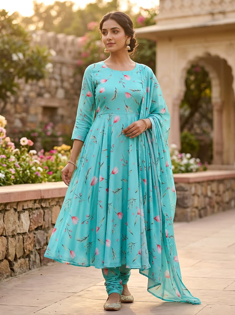 Teal Dainty Floral Botanical Print Silk Crepe Digital Printed Fabric