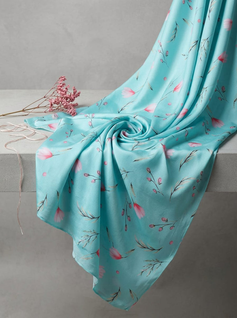 Teal Dainty Floral Botanical Print Silk Crepe Digital Printed Fabric