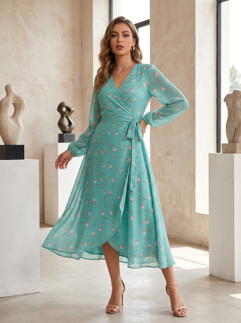 Teal Ditsy Floral and Leaf Print Pure Georgette Digital Printed Fabric