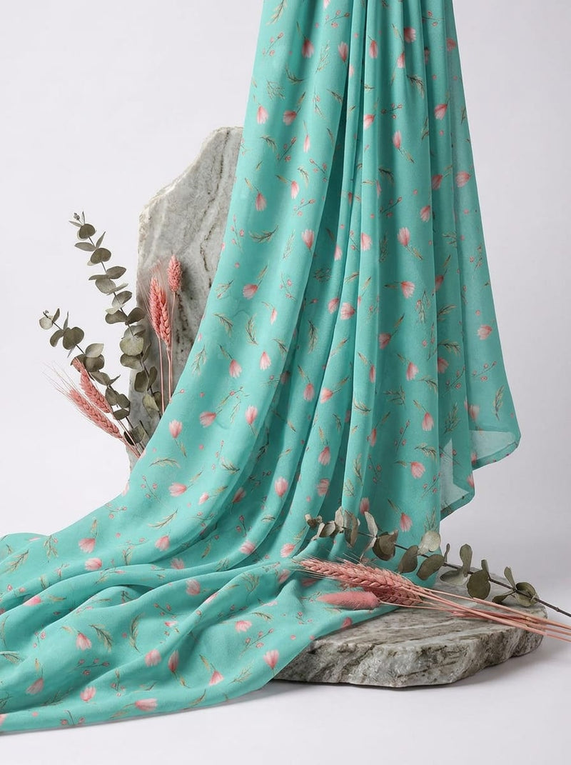 Teal Ditsy Floral and Leaf Print Pure Georgette Digital Printed Fabric