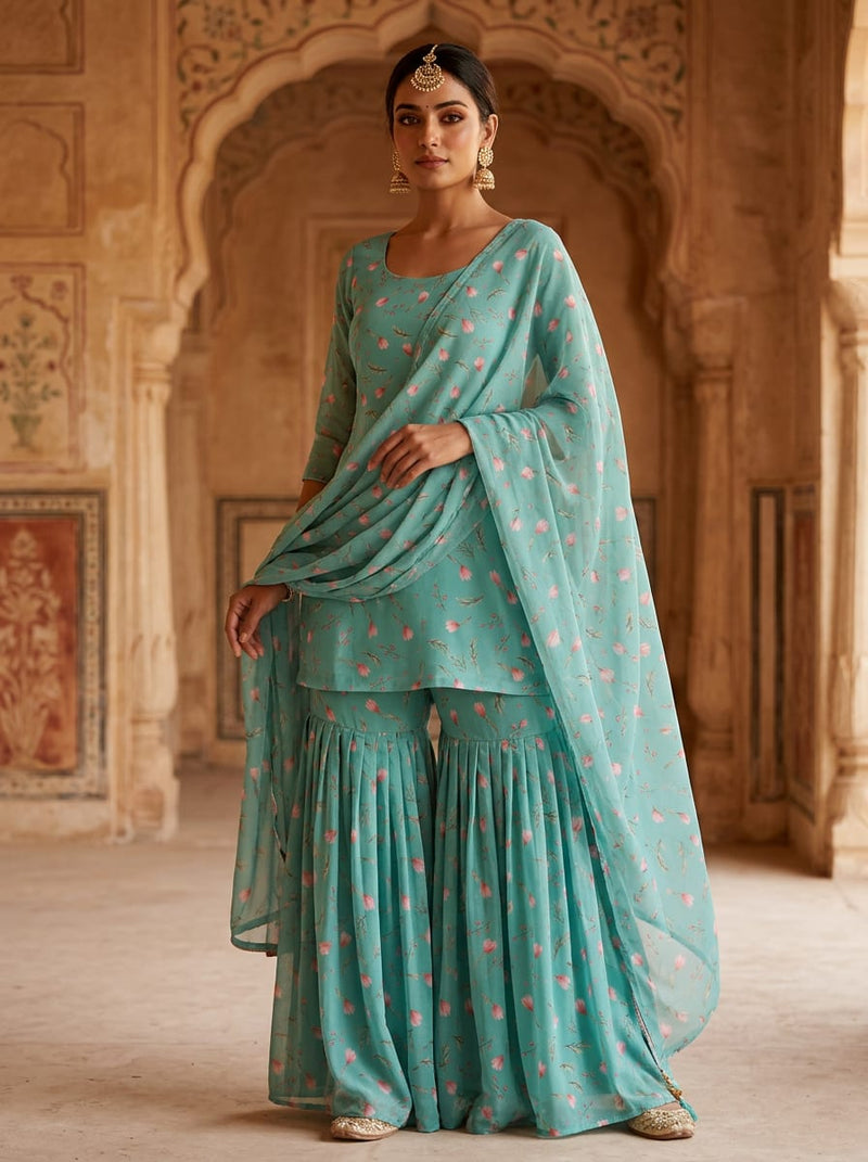 Teal Ditsy Floral and Leaf Print Pure Georgette Digital Printed Fabric
