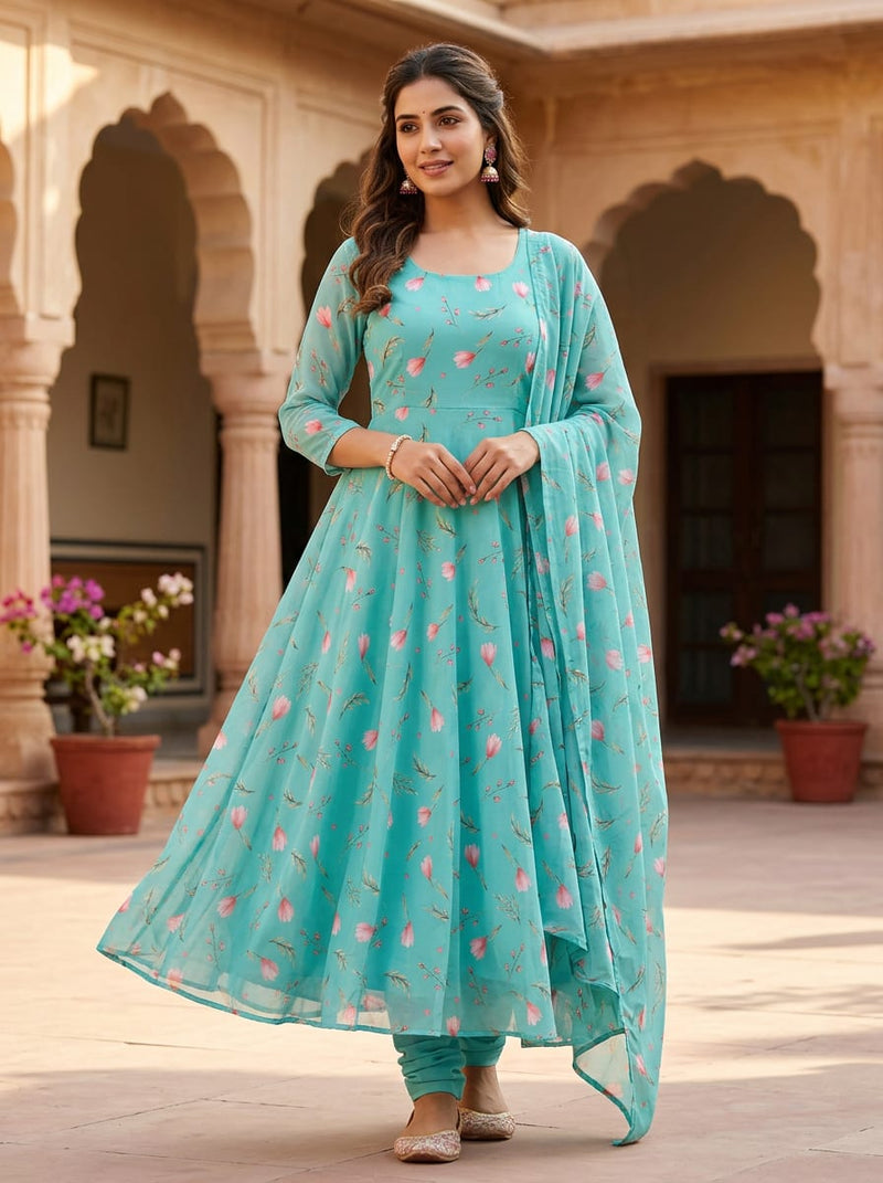 Teal Ditsy Floral and Leaf Print Pure Georgette Digital Printed Fabric