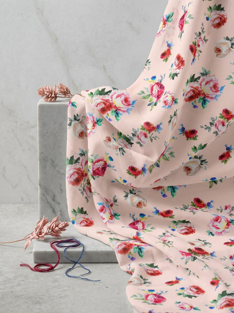 Peach Dainty Watercolour Rose Floral Pure Muslin Digital Printed Fabric