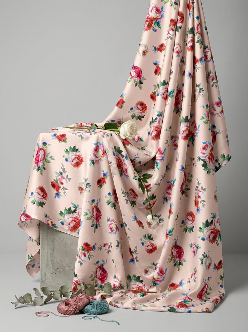 Peach Watercolour Rose Floral Upada Silk Digital Printed Fabric