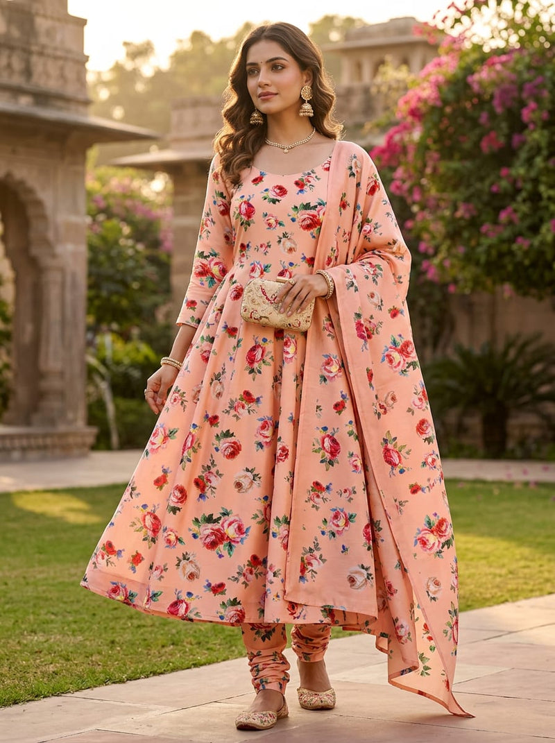 Peach Watercolour Rose Floral Upada Silk Digital Printed Fabric