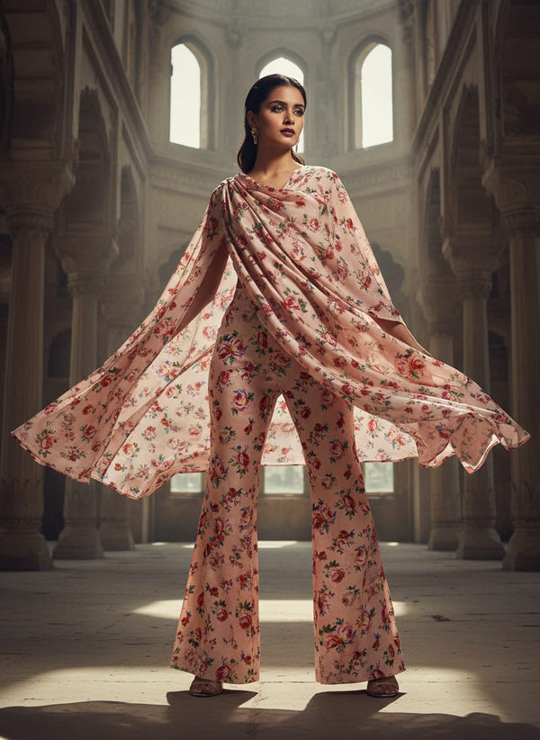 Exotic Blooms Water Color Cream Rose Digital Printed Fabric - Upada Silk - Draped Cape with Flared Pants Lookbook - US-0-TA08322-110 - alternate view