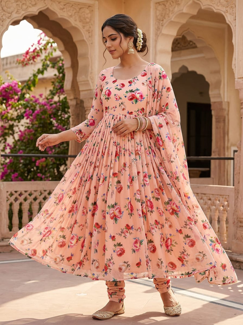 Peach Watercolour Rose Floral Pure Georgette Digital Printed Fabric