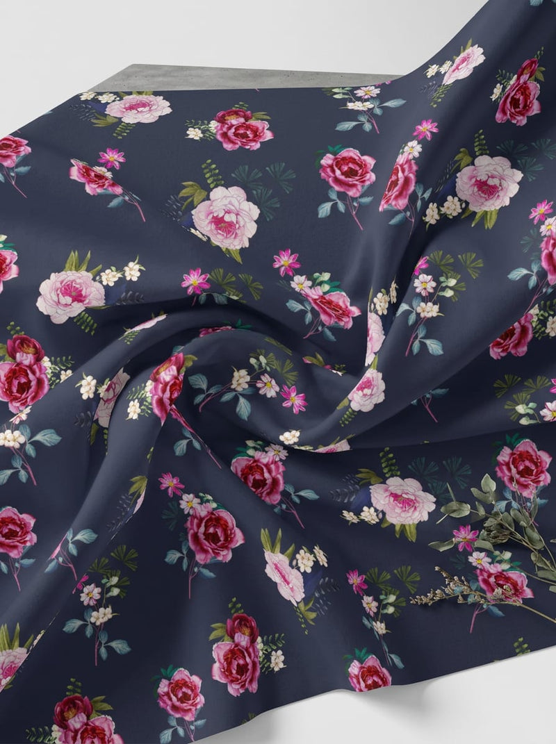 Navy Classic Rose Floral Japan Satin Digital Printed Fabric