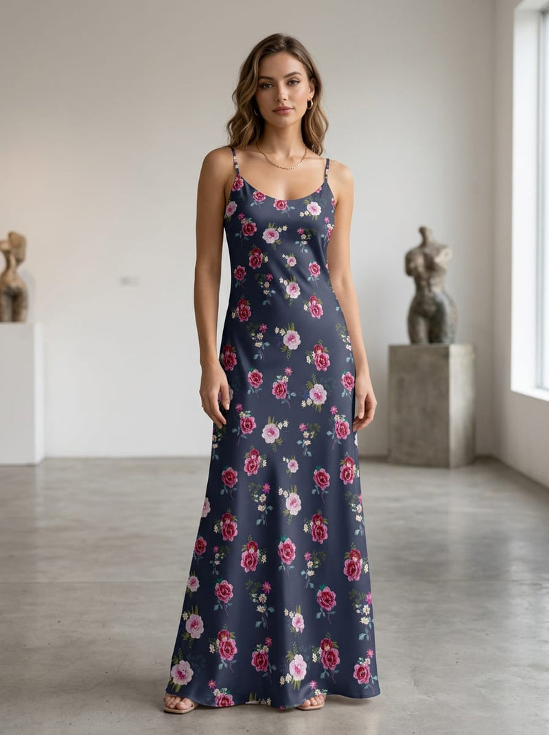 Navy Classic Rose Floral Japan Satin Digital Printed Fabric