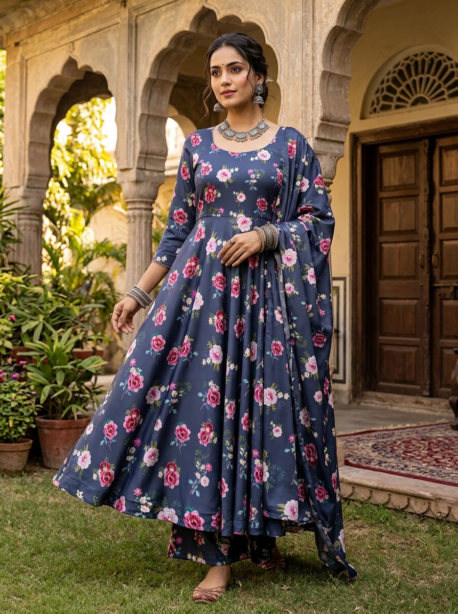 A cascade of painterly florals unfolds across a canvas of deep, lustrous satin.