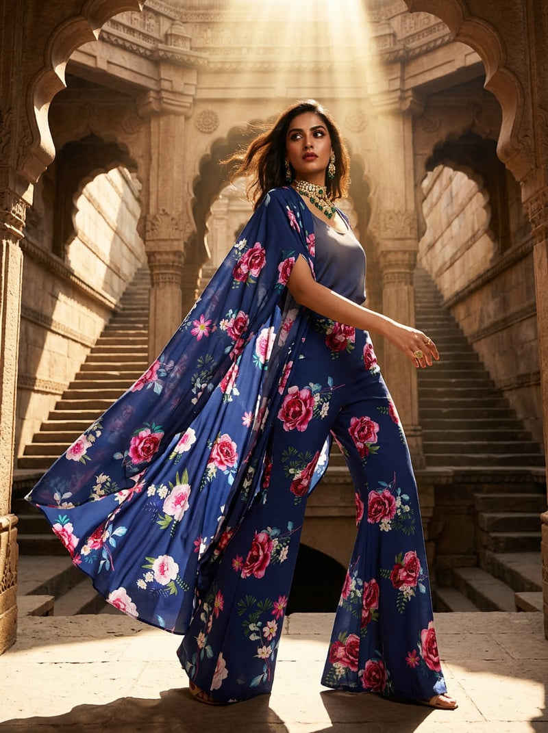 Navy Classic Rose Floral Silk Crepe Digital Printed Fabric