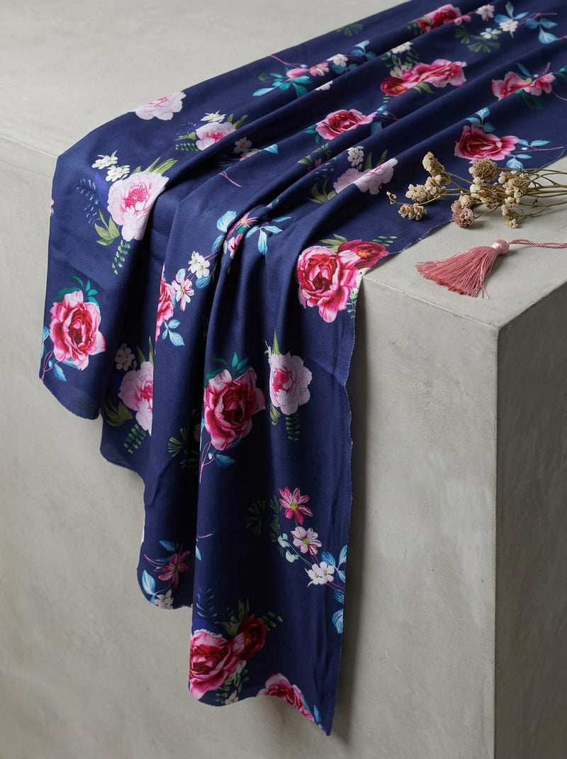 Navy Classic Rose Floral Silk Crepe Digital Printed Fabric