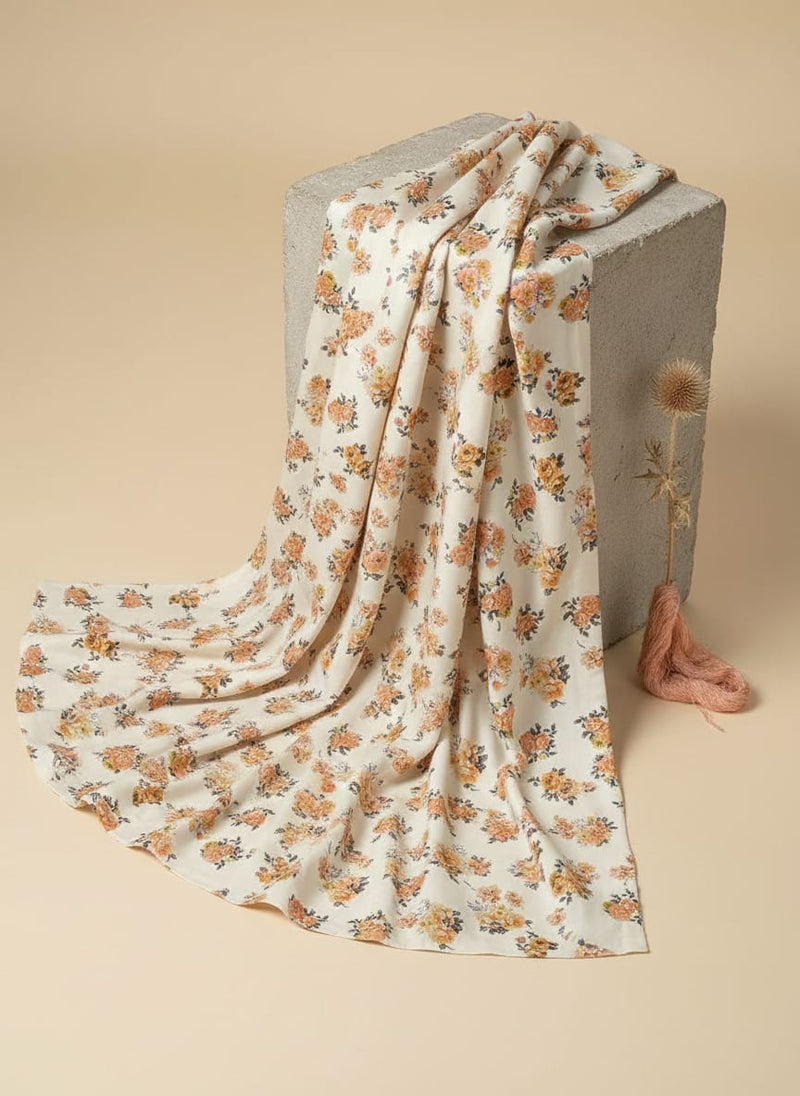 Yellow Lonicera Grey Leafs Digital Printed Fabric - Tusser Silk