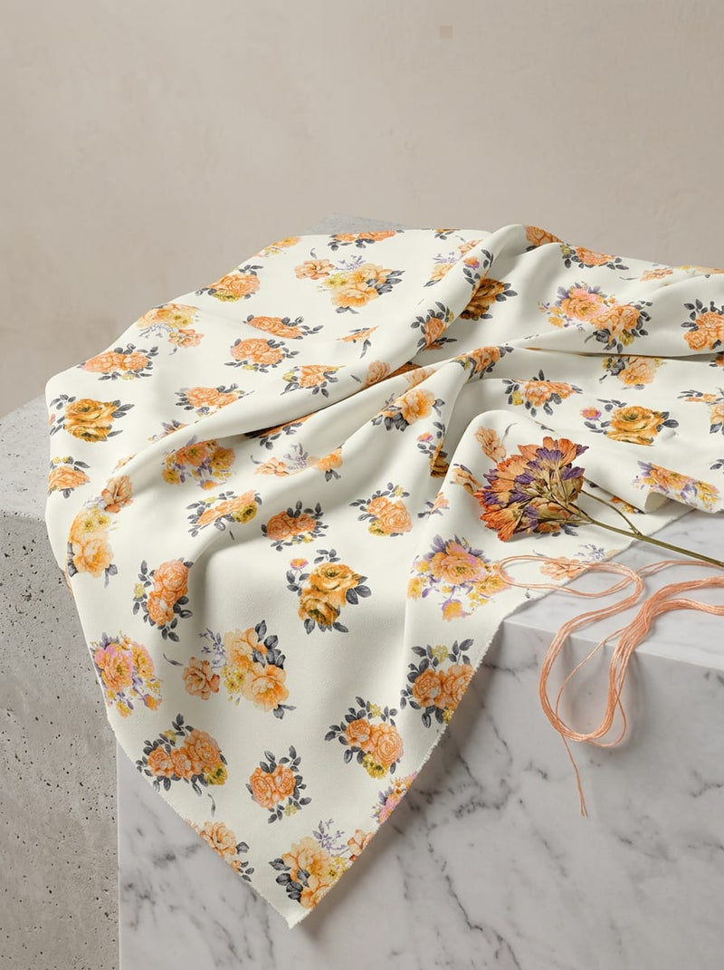 Orange Scattered Rose Floral Weightless Digital Printed Fabric