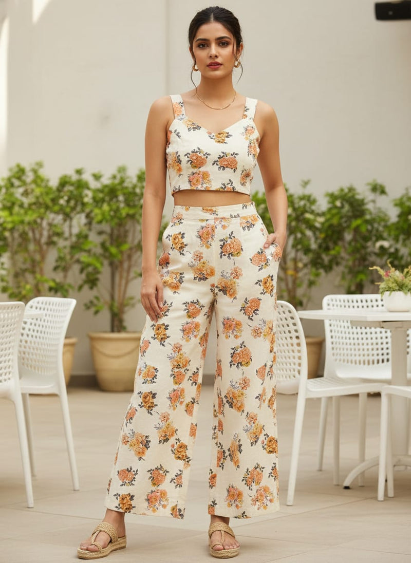 Cream Orange Yellow Rose Bouquets Pure Cotton Digital Printed Fabric