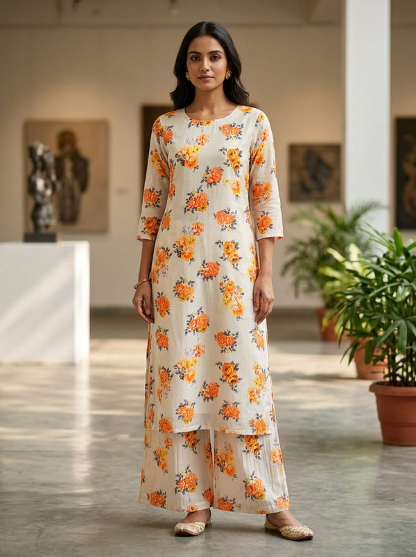 White Watercolor Rose Floral Pure Muslin Digital Printed Fabric - Straight Kurta with Palazzo Lookbook - PM-0-TA08325P6-110 - alternate view