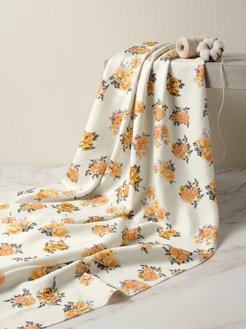 Cream Vintage Rose Cluster Floral Upada Silk Digital Printed Fabric
