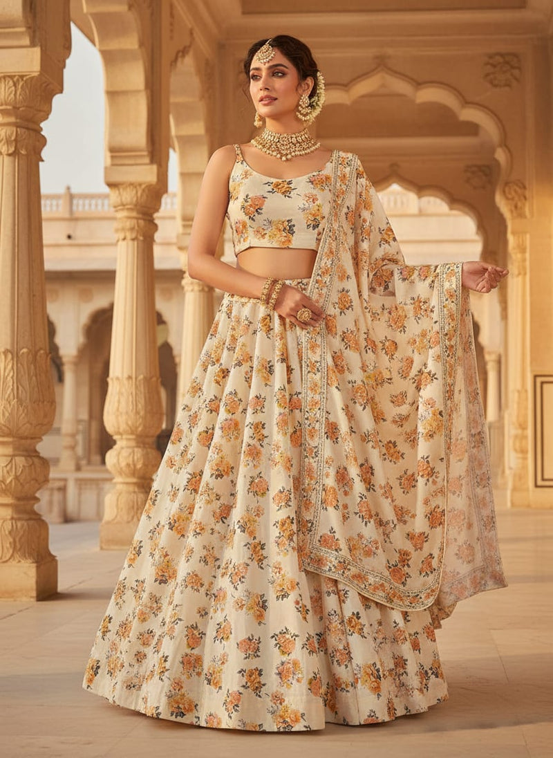 Cream Vintage Rose Cluster Floral Upada Silk Digital Printed Fabric