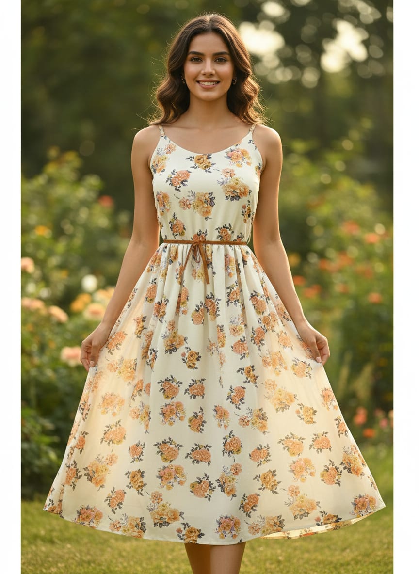 Cream Scattered Rose Bouquets Pure Georgette Digital Printed Fabric