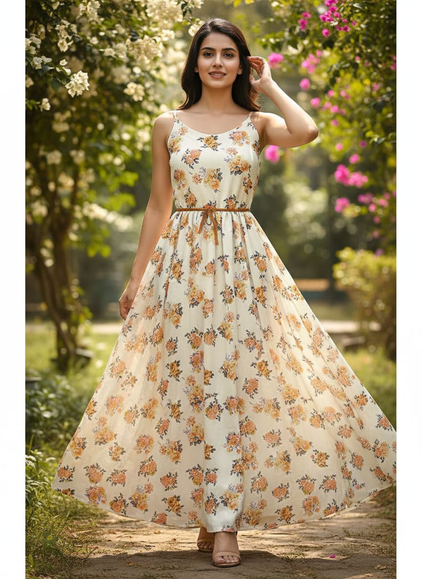 Cream Scattered Rose Bouquets Pure Georgette Digital Printed Fabric
