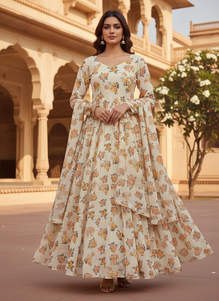 Cream Scattered Rose Bouquets Pure Georgette Digital Printed Fabric