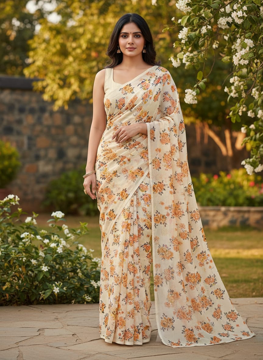 Cream Scattered Rose Bouquets Pure Georgette Digital Printed Fabric