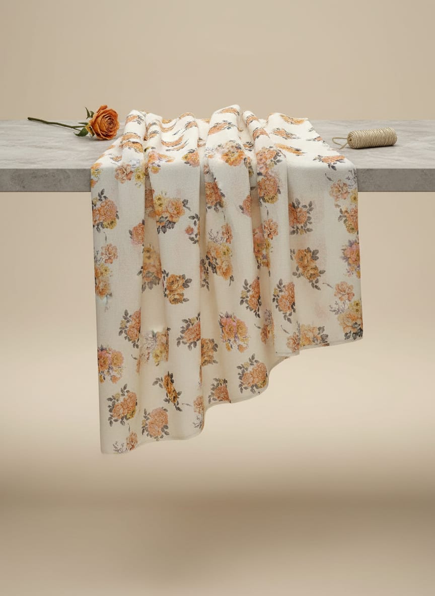 Cream Scattered Rose Bouquets Pure Georgette Digital Printed Fabric