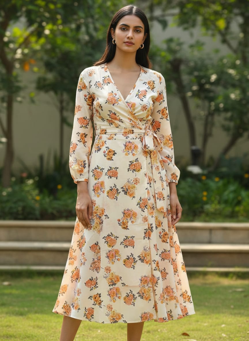 Cream Scattered Rose Bouquets Pure Georgette Digital Printed Fabric