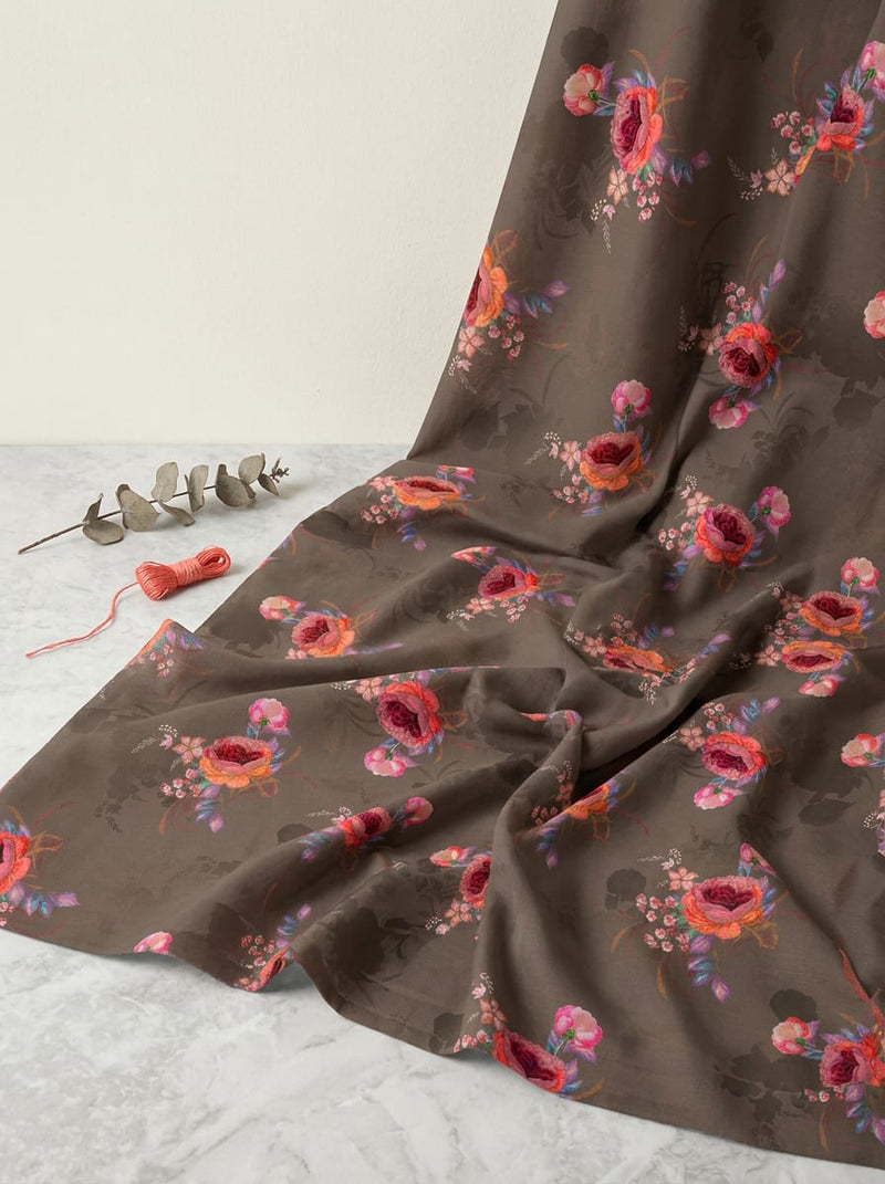 Brown Vintage Rose Bouquet Pure Cotton Digital Printed Fabric