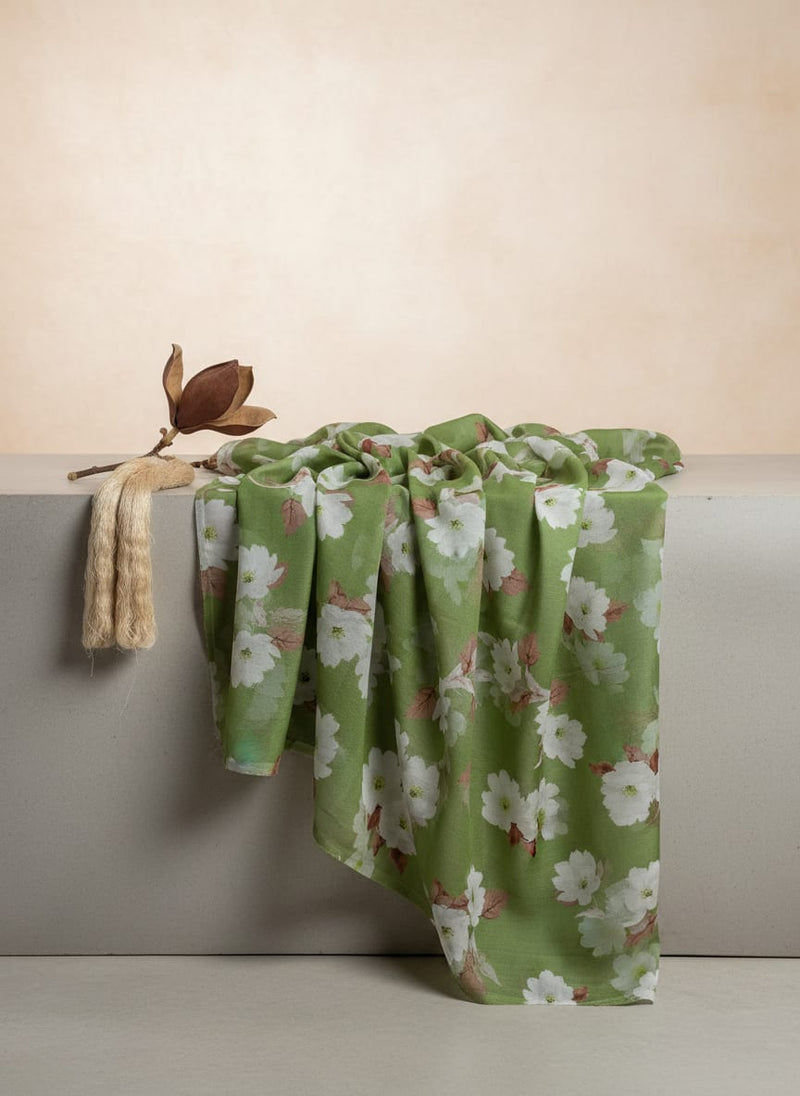 Lovely White Rose Digital Printed Fabric - Kora Silk