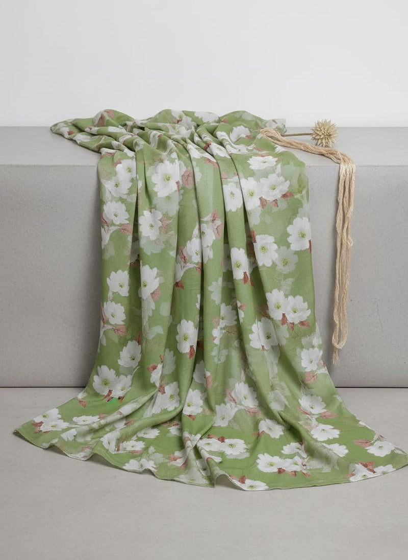 Green and White Blossom Floral Garden Muslin Digital Printed Fabric
