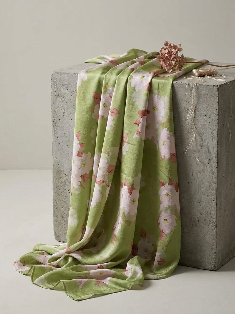 Green White Anemone Floral Silk Crepe Digital Printed Fabric