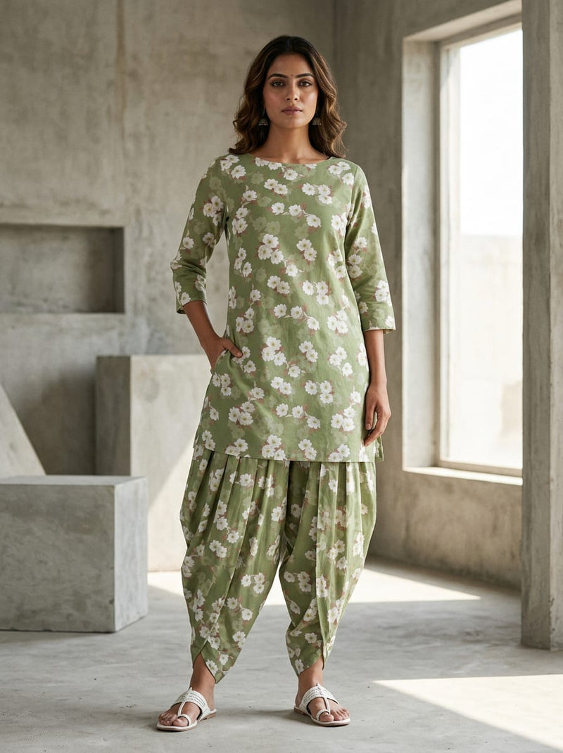 Olive Dainty White Blossom Floral Pure Cotton Digital Printed Fabric