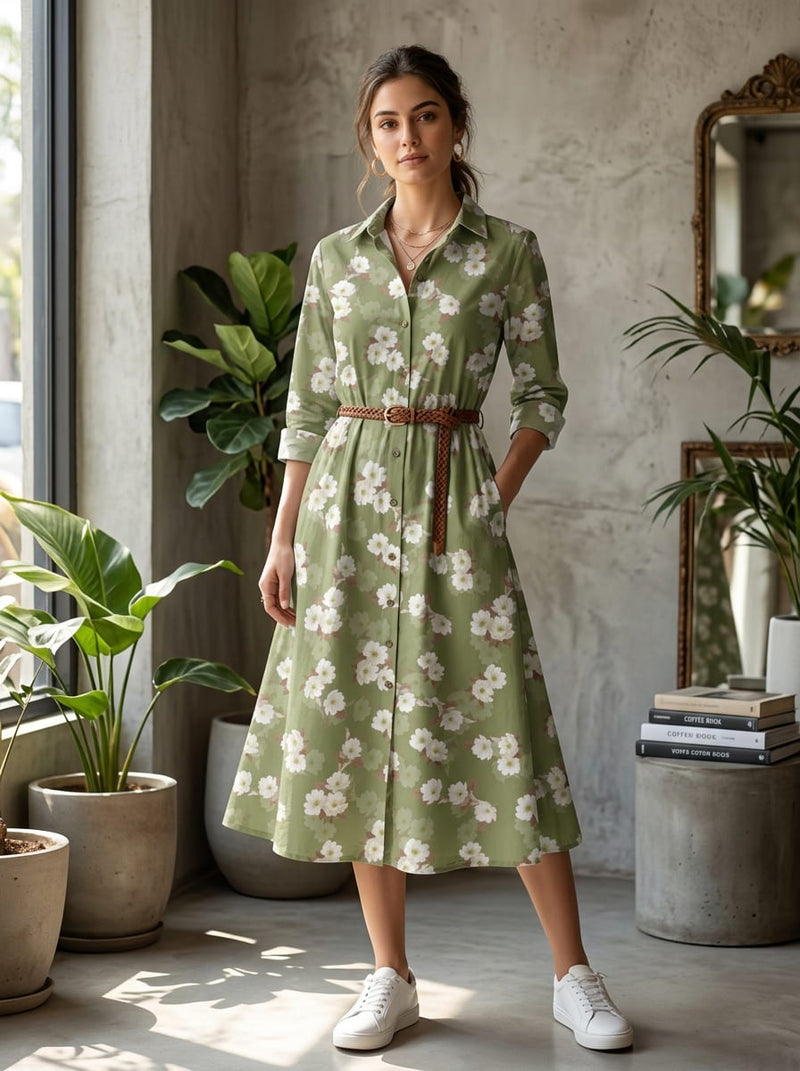 Olive Dainty White Blossom Floral Pure Cotton Digital Printed Fabric