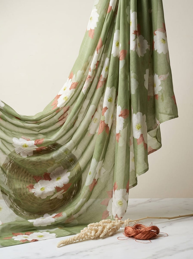 Olive White Anemone Floral Pure Muslin Digital Printed Fabric