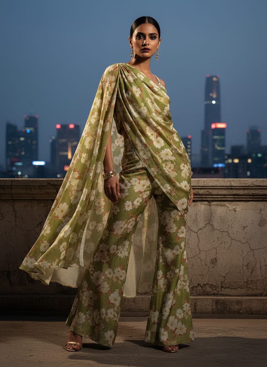 Green White Anemone Floral Upada Silk Digital Printed Fabric