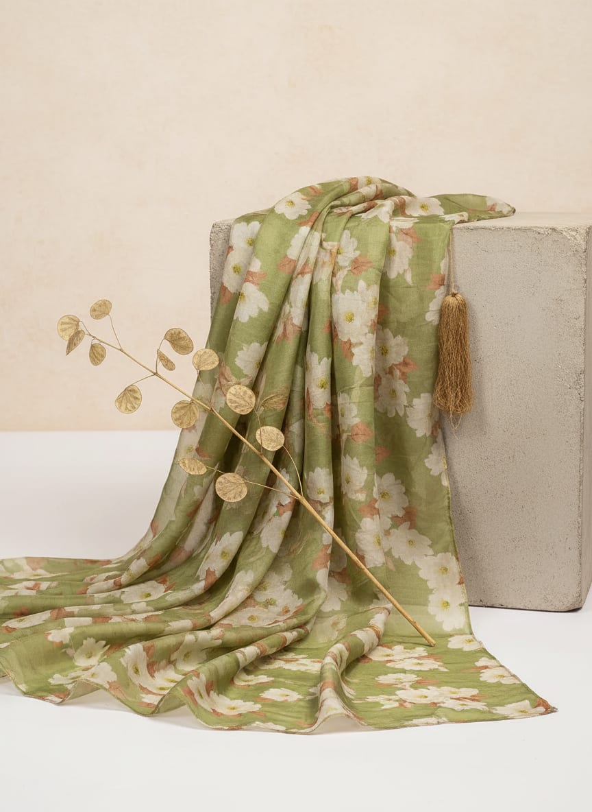 Green White Anemone Floral Upada Silk Digital Printed Fabric