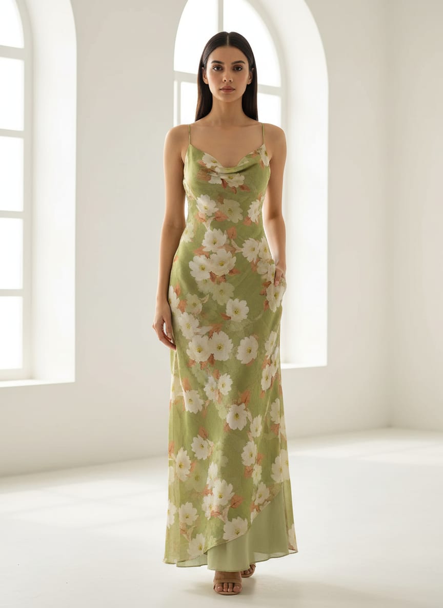 Green White Anemone Floral Upada Silk Digital Printed Fabric